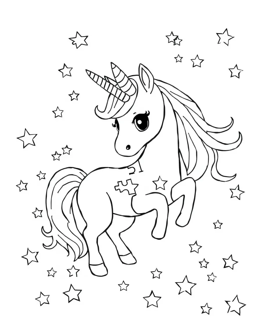 Unicorn assembling a puzzle of stars