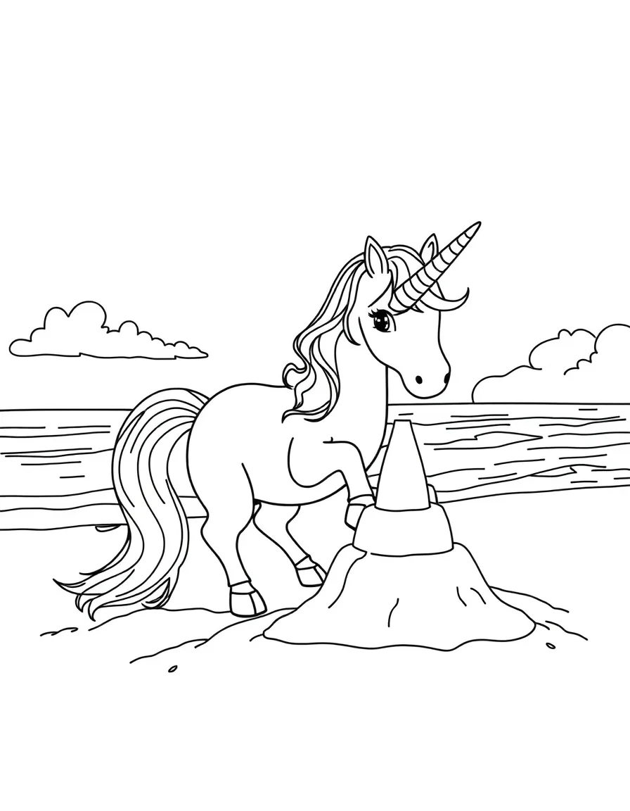 Unicorn building a sandcastle on magical beach