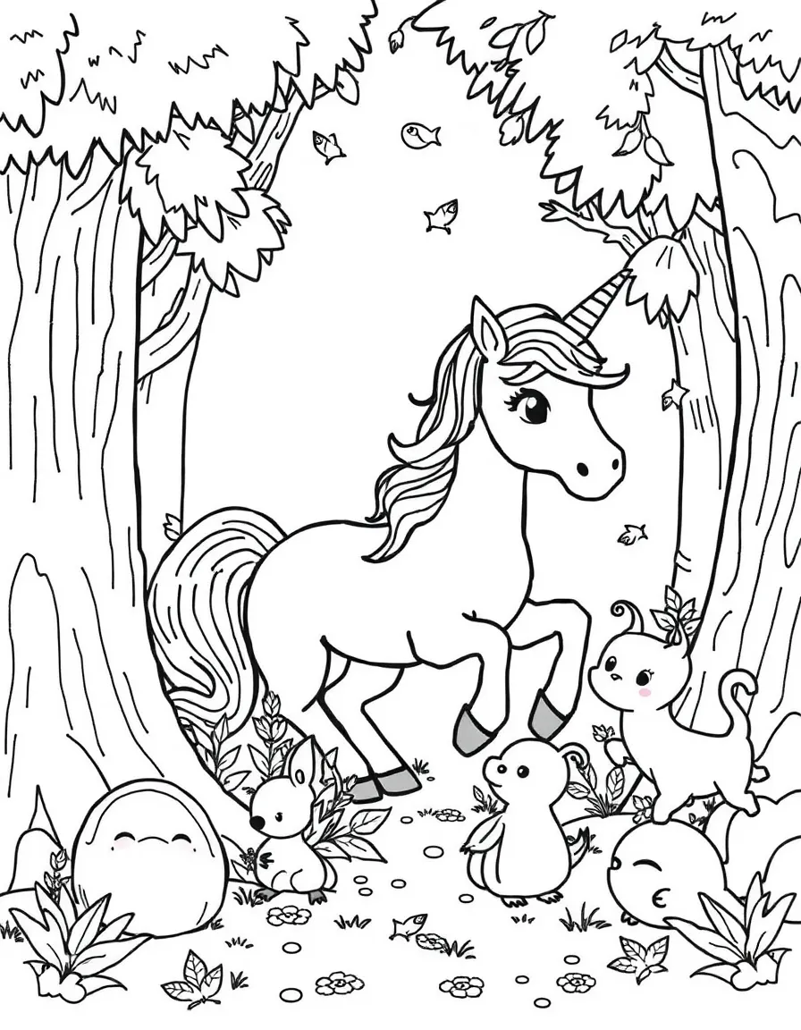 Unicorn playing hide and seek with forest creatures
