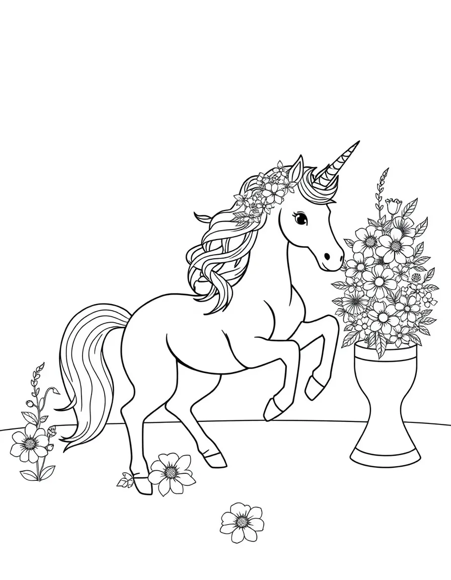 Unicorn competing in a flower arrangement contest