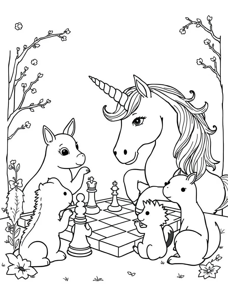 Unicorn playing chess with woodland creatures
