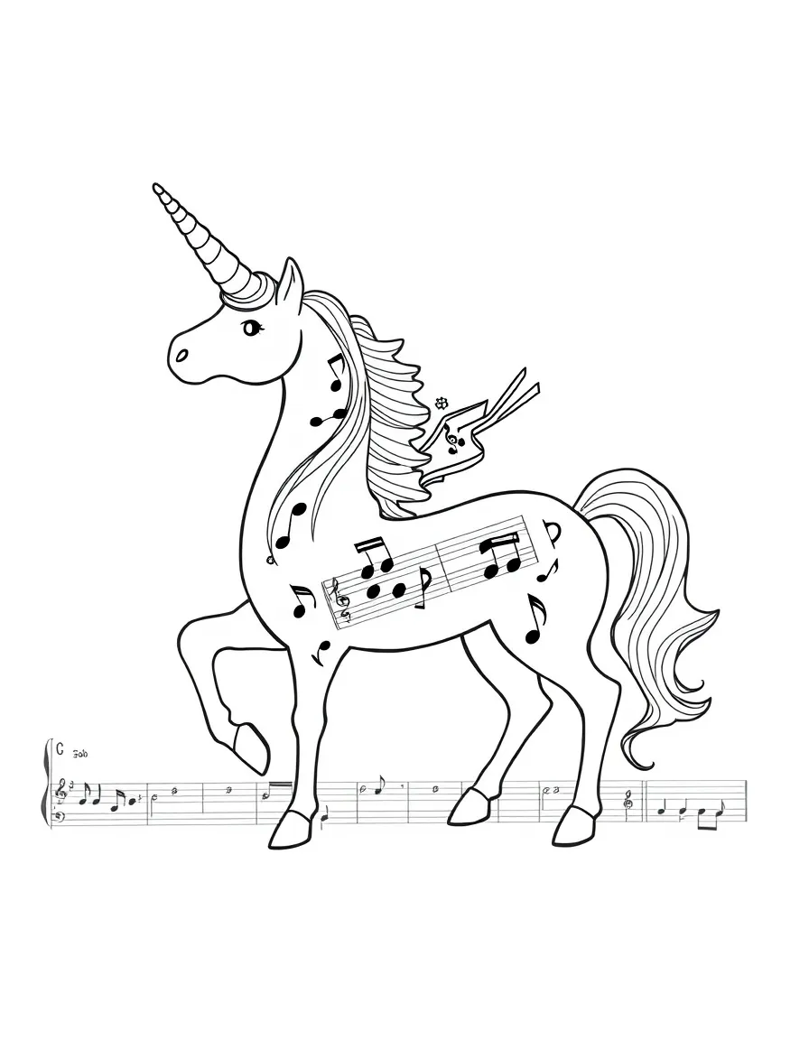 Unicorn formed from musical notes on sheet music