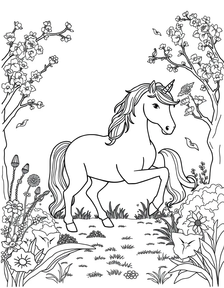 Unicorn silhouette filled with detailed garden scene