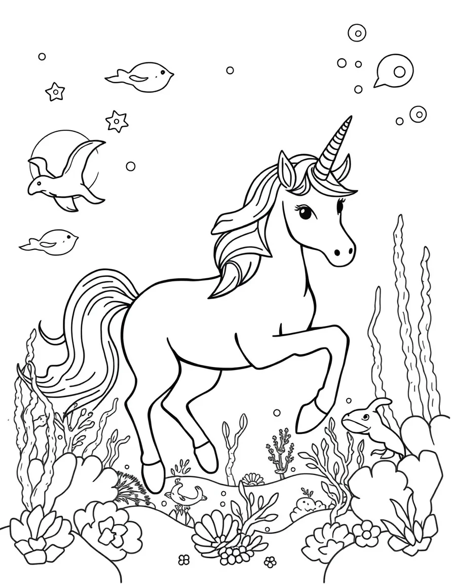 Unicorn outline containing underwater ocean world