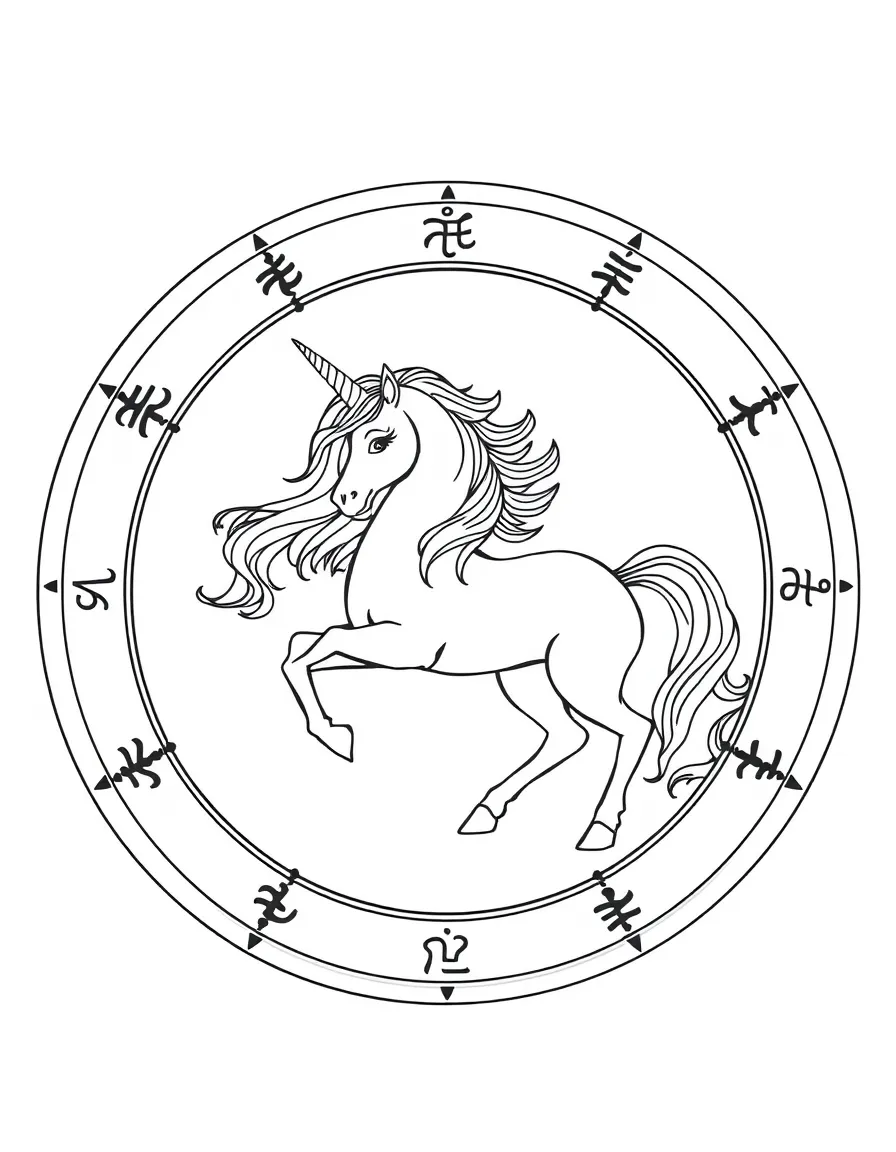 Unicorn as central figure in zodiac wheel
