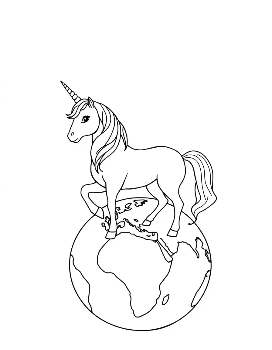 Unicorn standing on world globe with continents