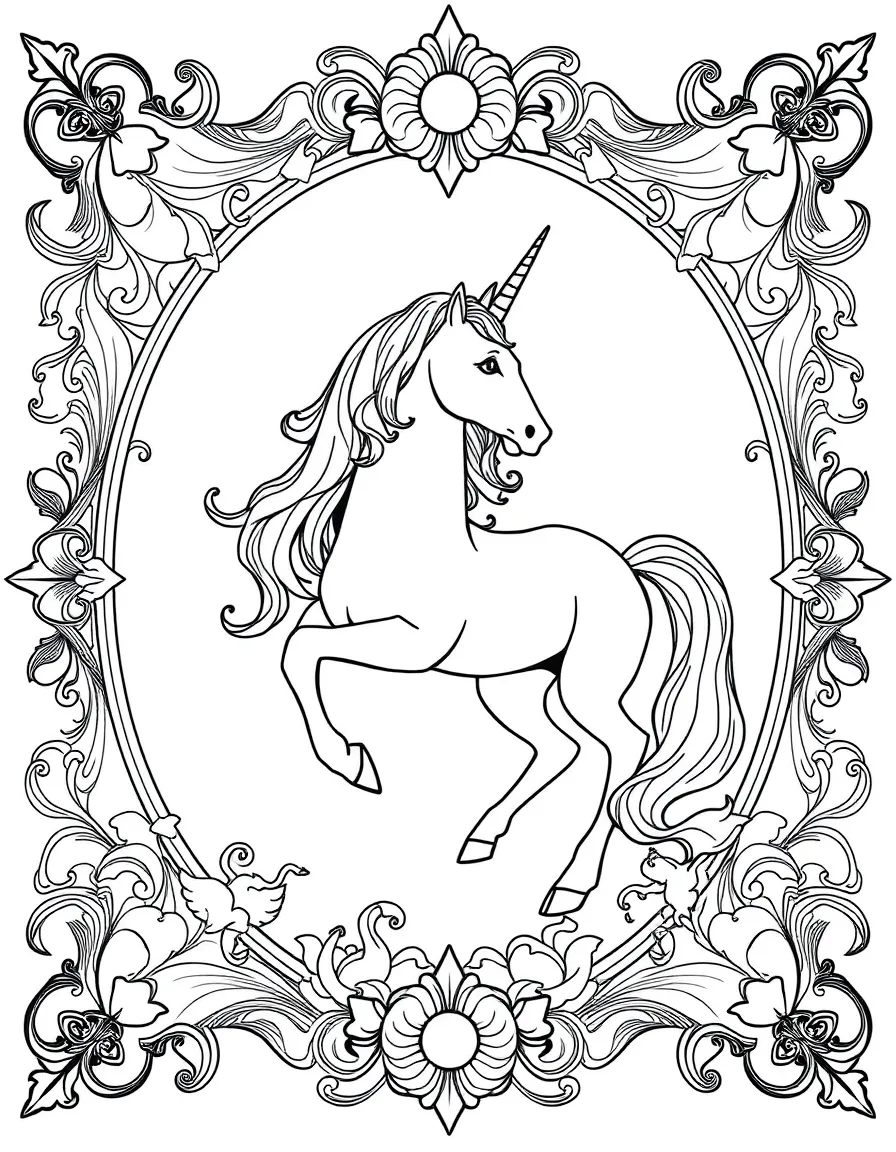 Unicorn framed in detailed Art Nouveau border
