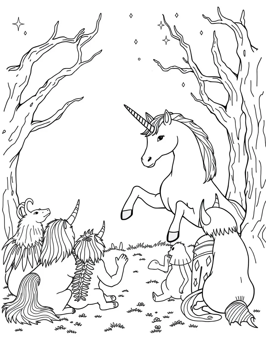 Unicorn telling ancient story to gathered creatures