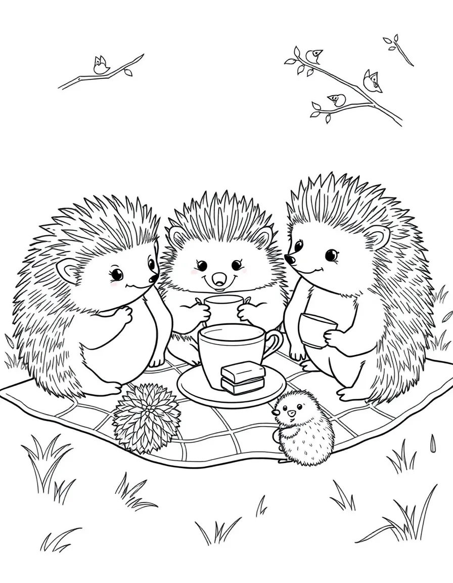 A family of hedgehogs having a picnic with tiny sandwiches and teacups