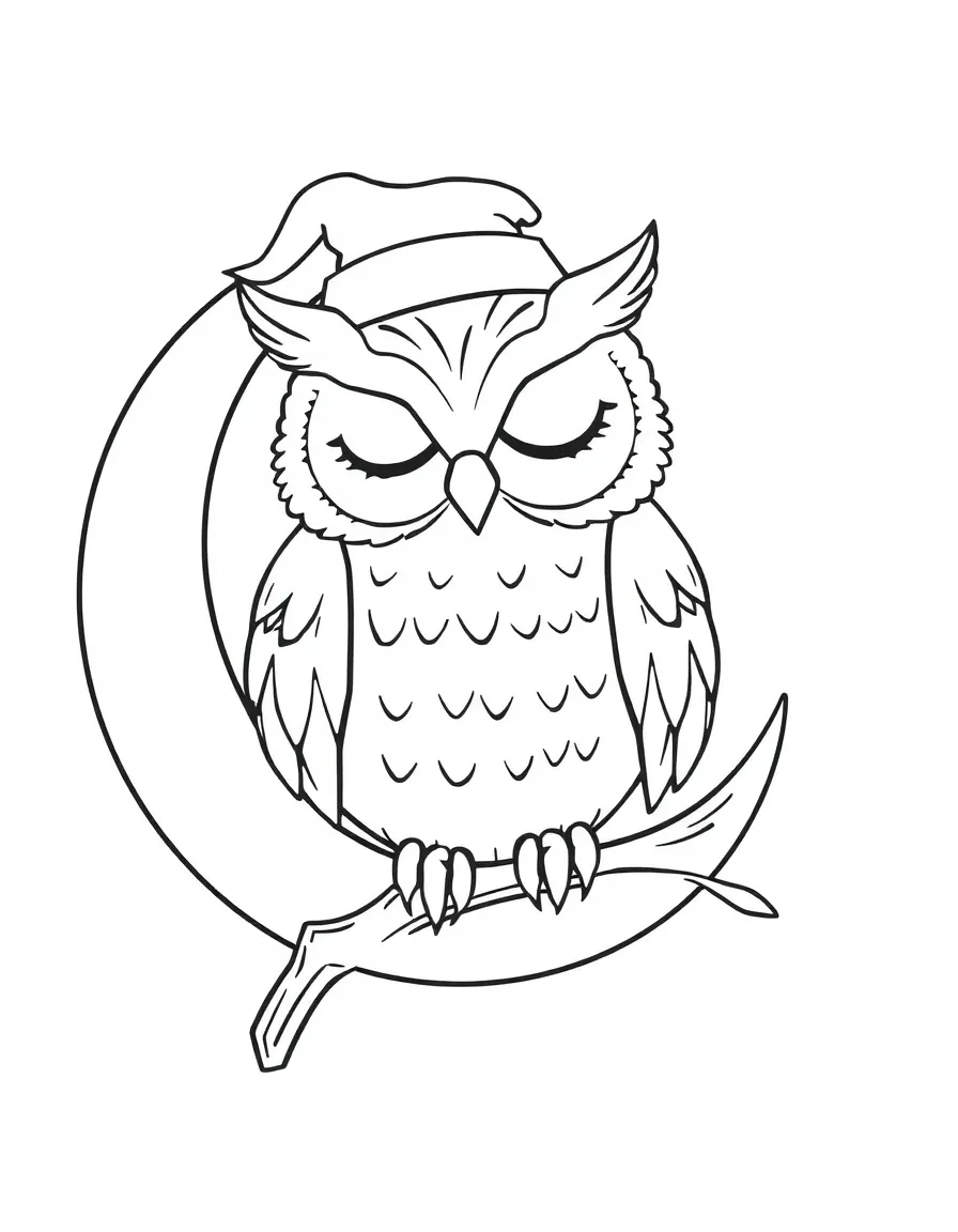 A sleepy owl wearing a nightcap perched on a crescent moon