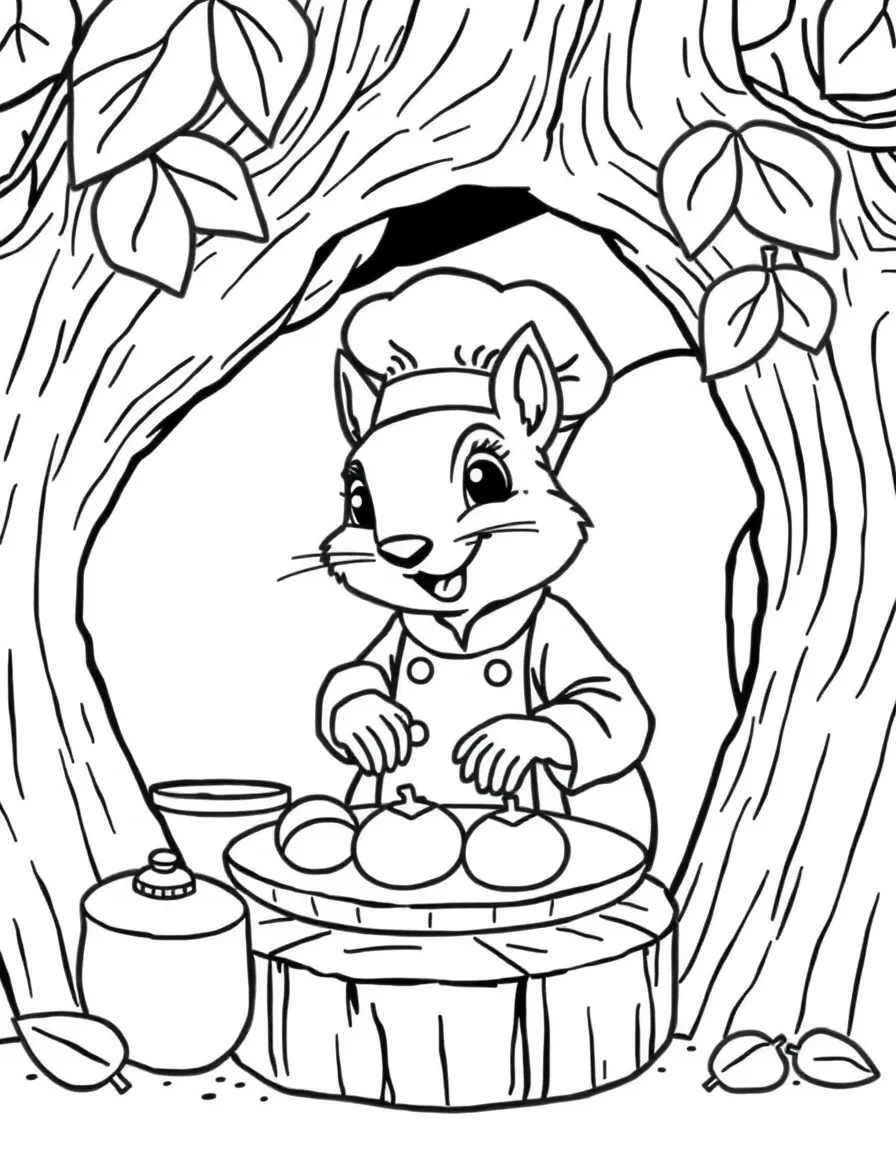 A squirrel chef baking acorn cookies in a hollow tree bakery
