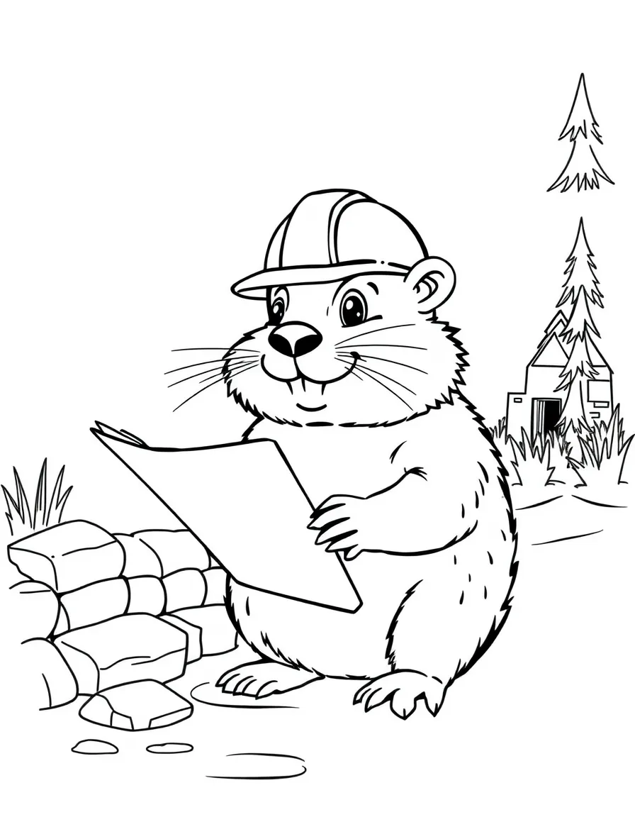 A beaver architect with hard hat and blueprints beside its dam