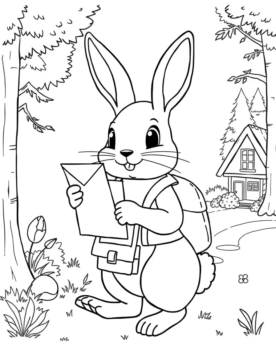 A rabbit mail carrier with a tiny letter bag delivering mail to forest homes