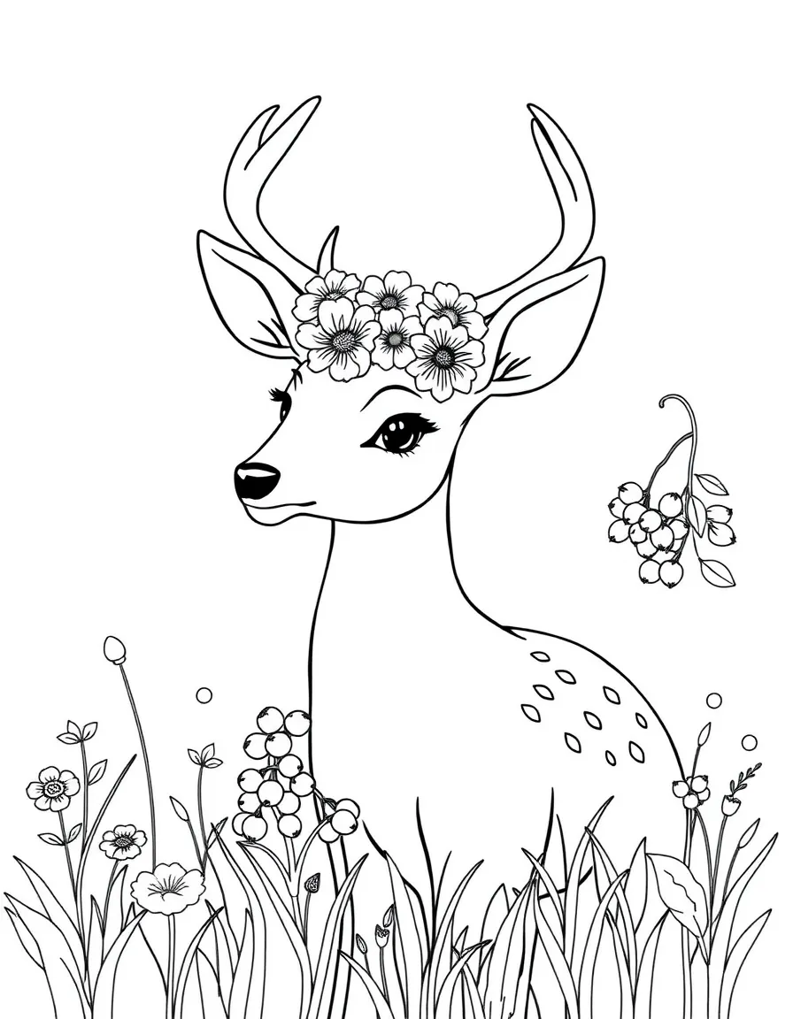 A deer wearing a flower crown picking berries in a sunny meadow