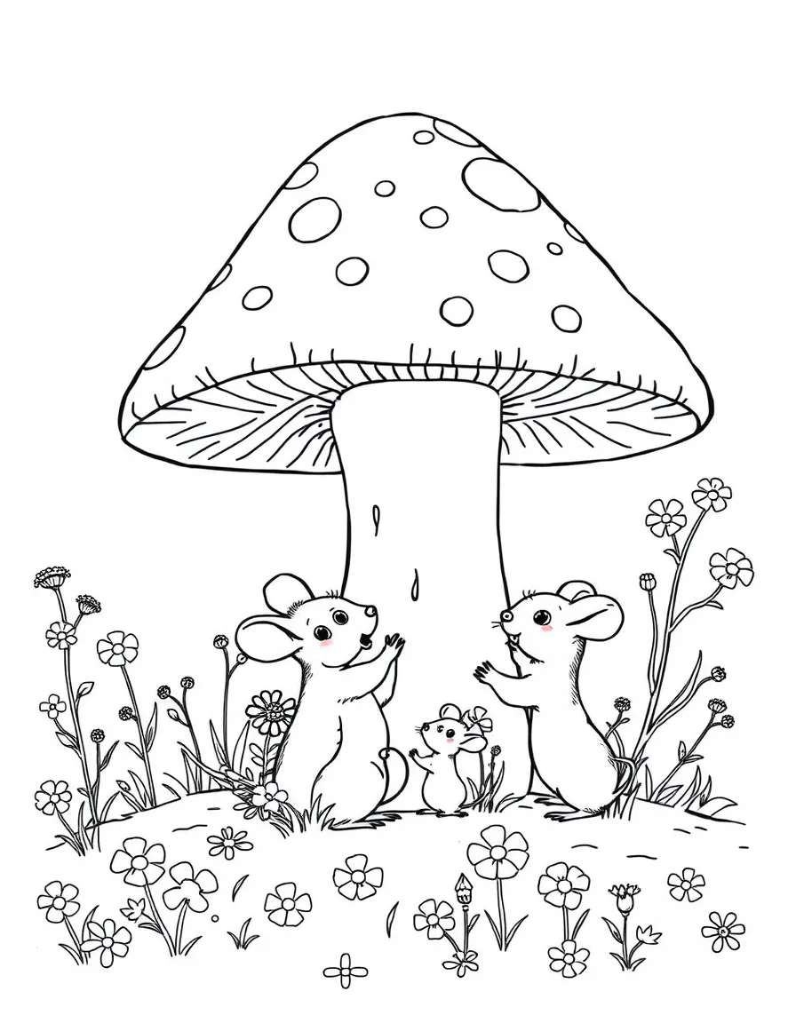 A family of mice decorating their toadstool home with wildflowers