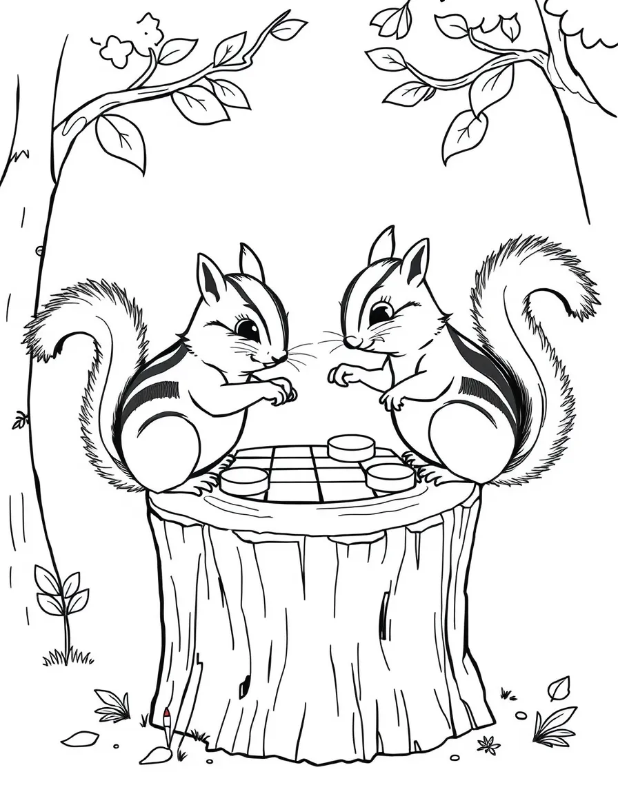 A pair of chipmunks playing checkers on a tree stump