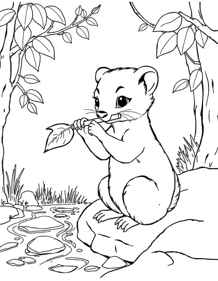 A weasel musician playing a leaf flute by a bubbling brook