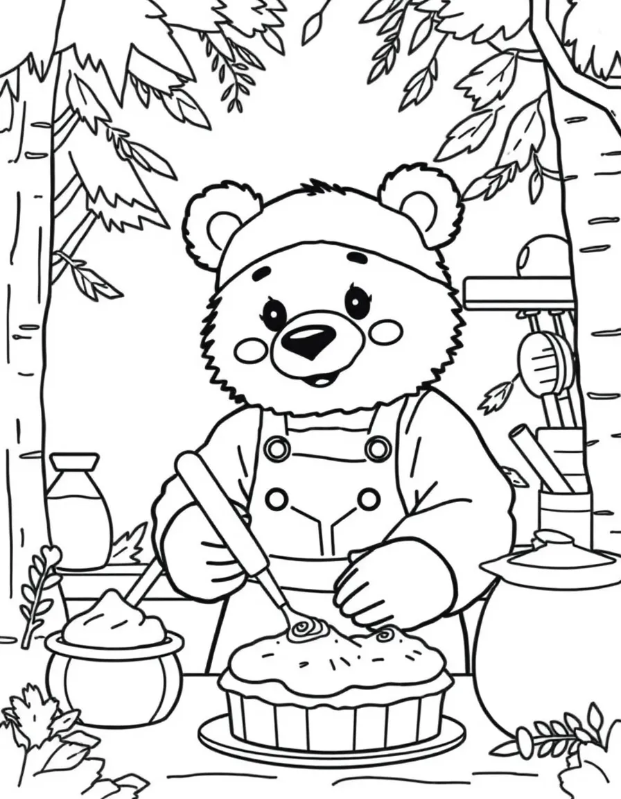 A bear cub baker frosting honey cakes in a forest kitchen