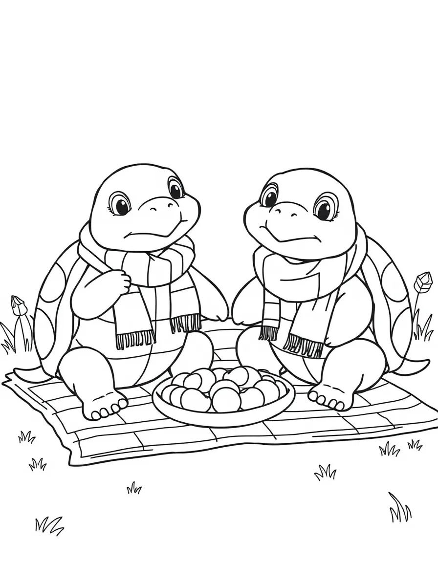 A pair of turtles with matching scarves sharing a picnic blanket