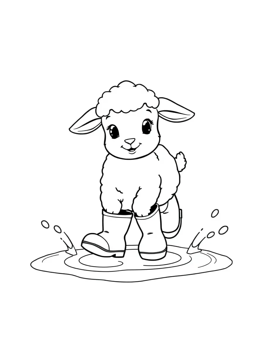 A lamb in rain boots jumping through puddles