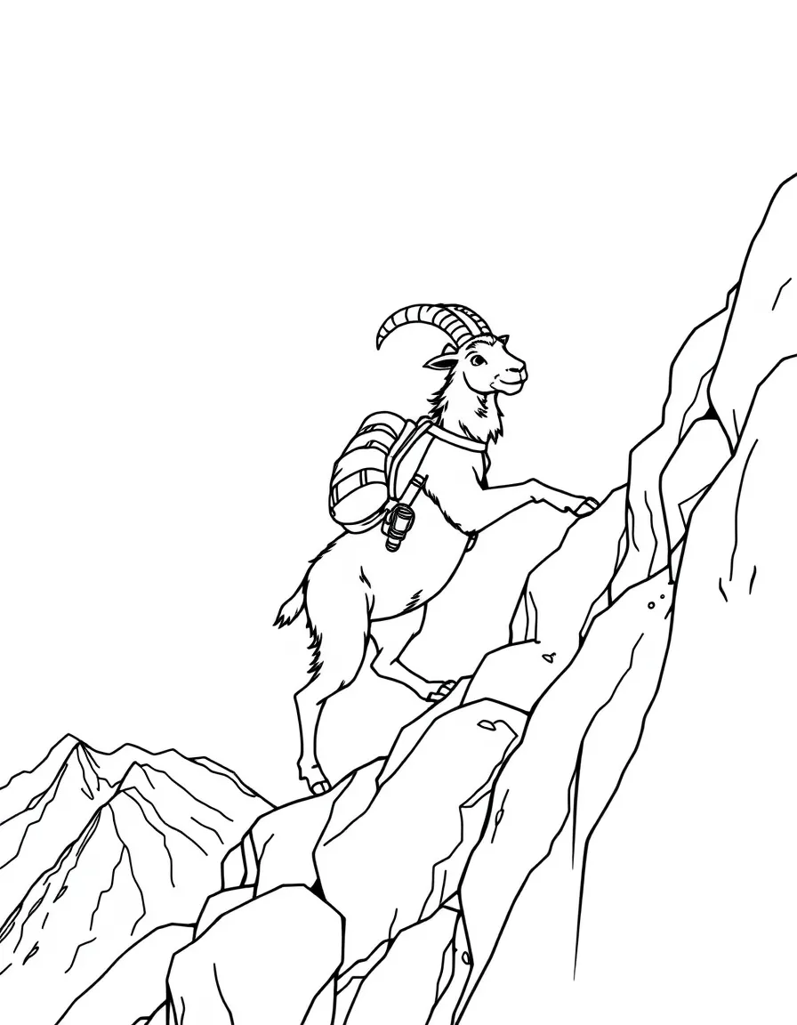 A goat mountaineer with climbing gear scaling a rocky hill