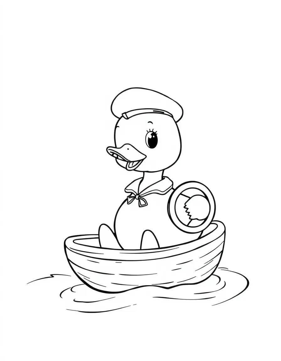 A duckling sailor steering a walnut shell boat
