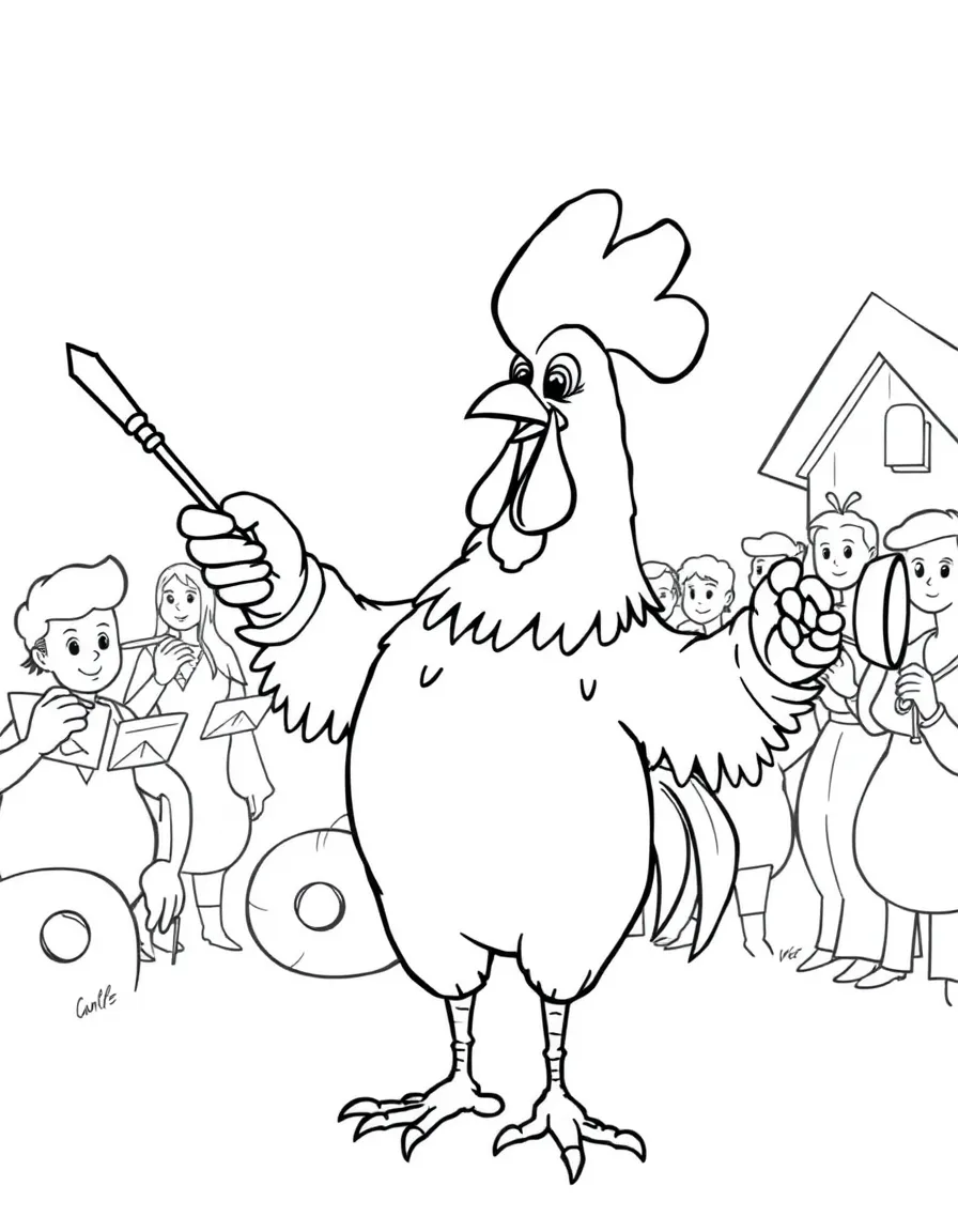 A rooster conductor leading a barnyard band
