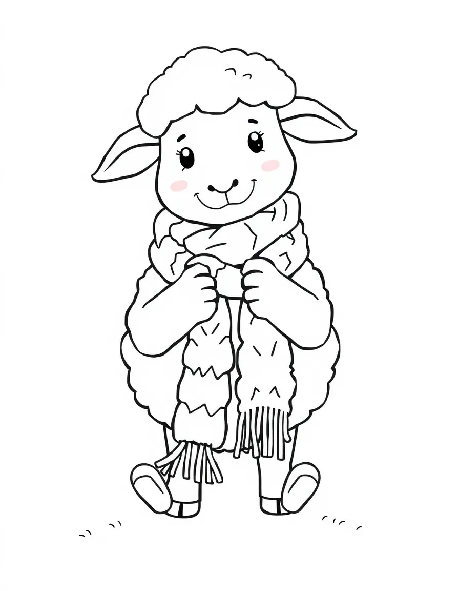 A sheep knitting a scarf with its own wool