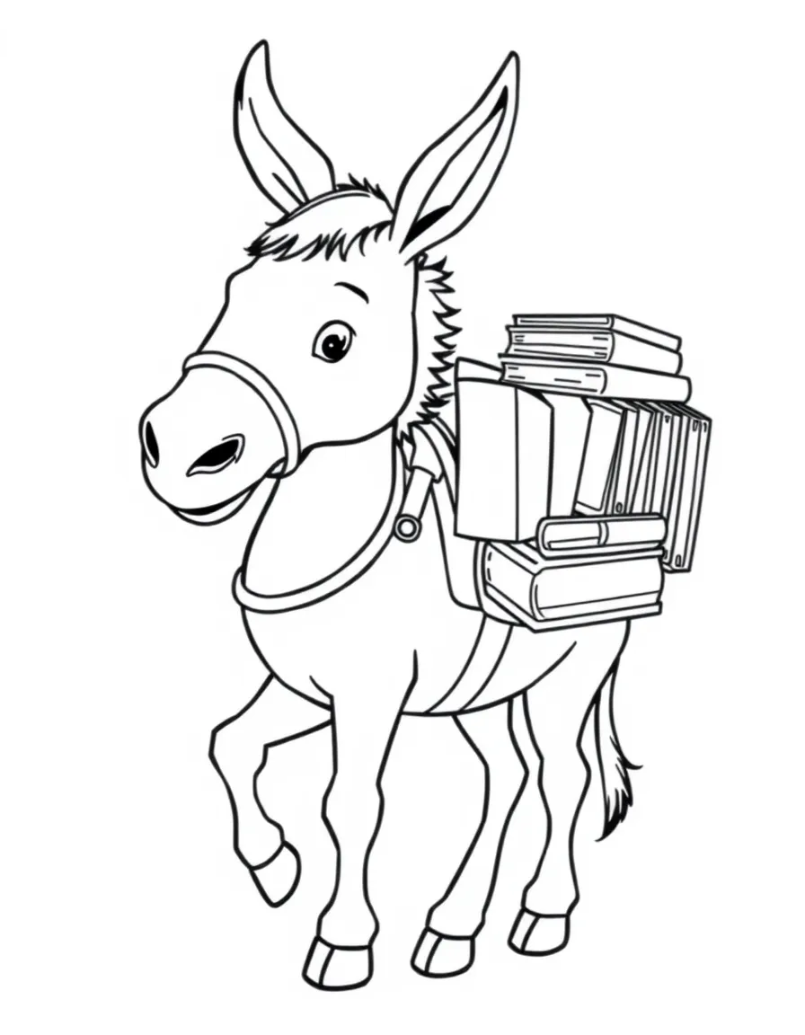 A donkey librarian with saddlebags full of books