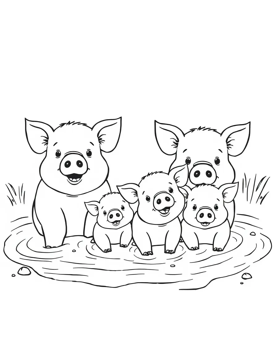 A family of pigs having a mud bath spa day