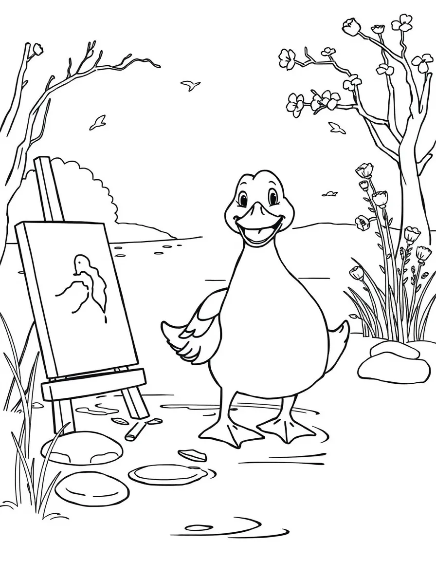 A duck painter creating a pond landscape