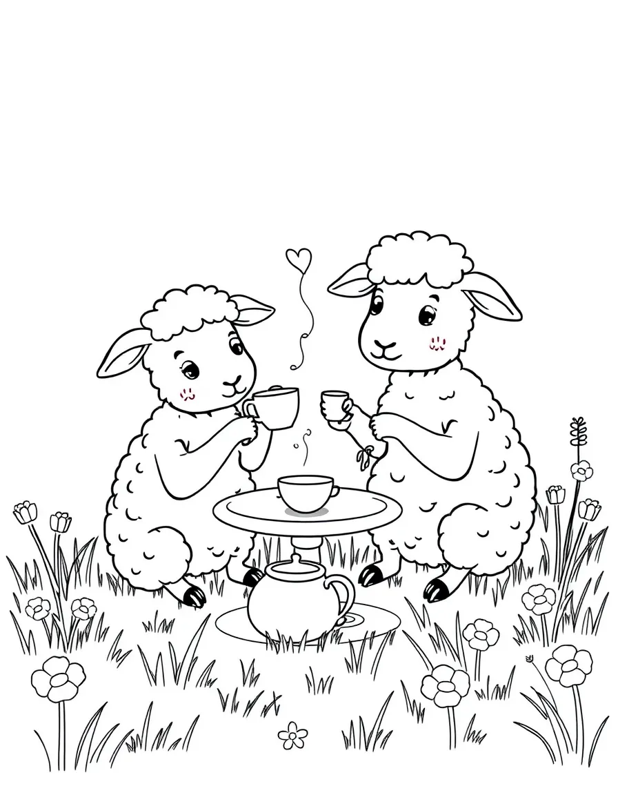A pair of sheep having a tea party in a meadow