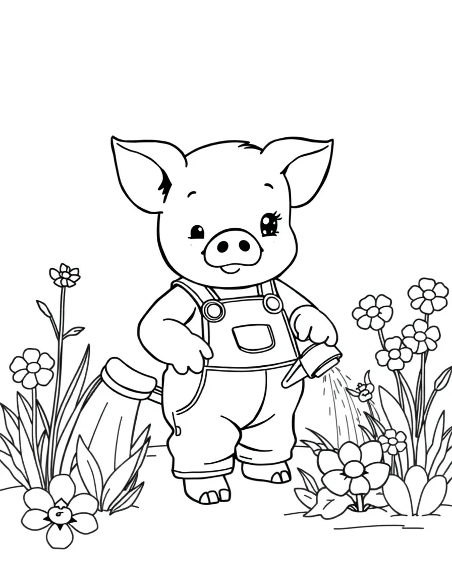 A piglet in overalls watering a flower garden