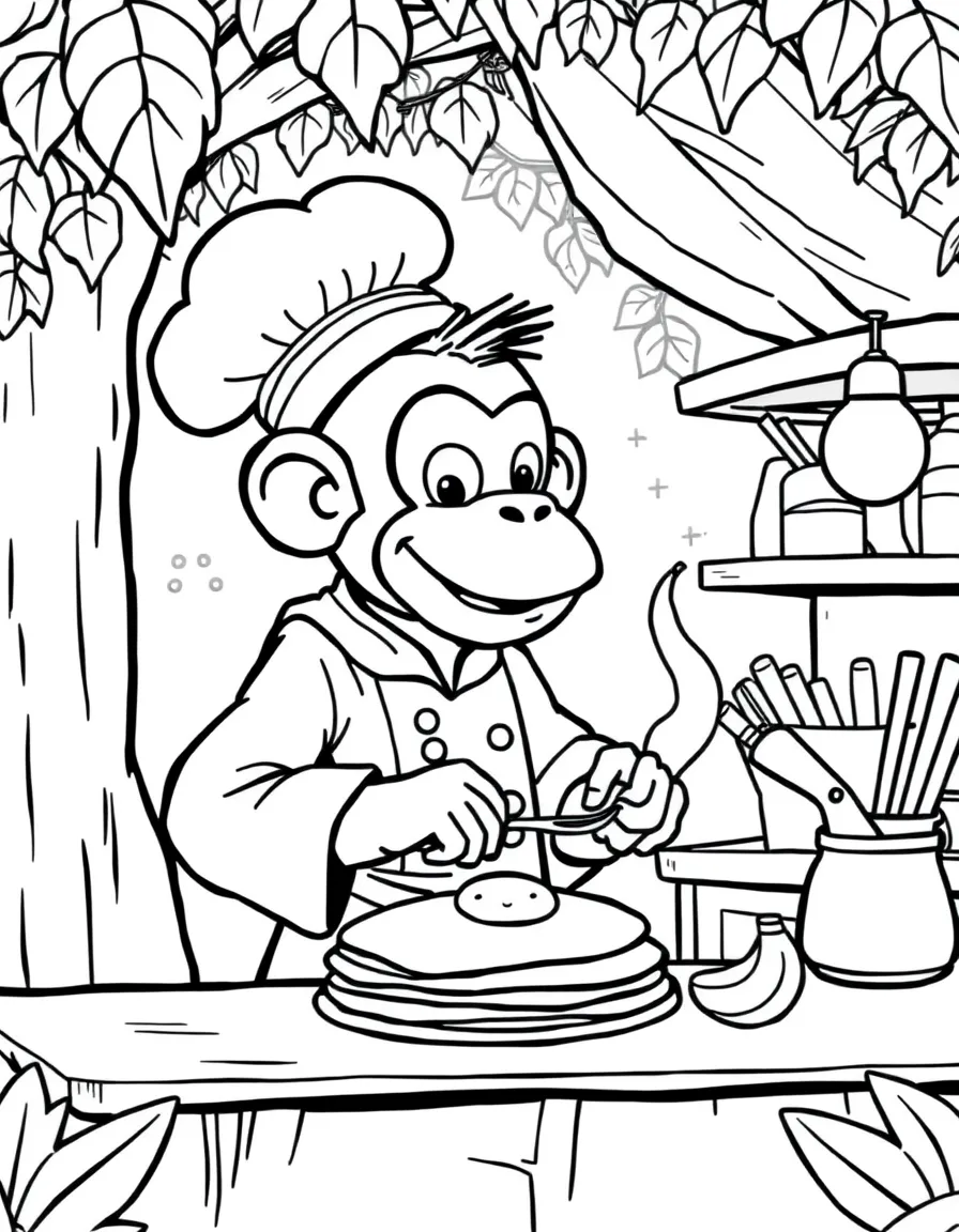 A monkey chef making banana pancakes in a treehouse kitchen