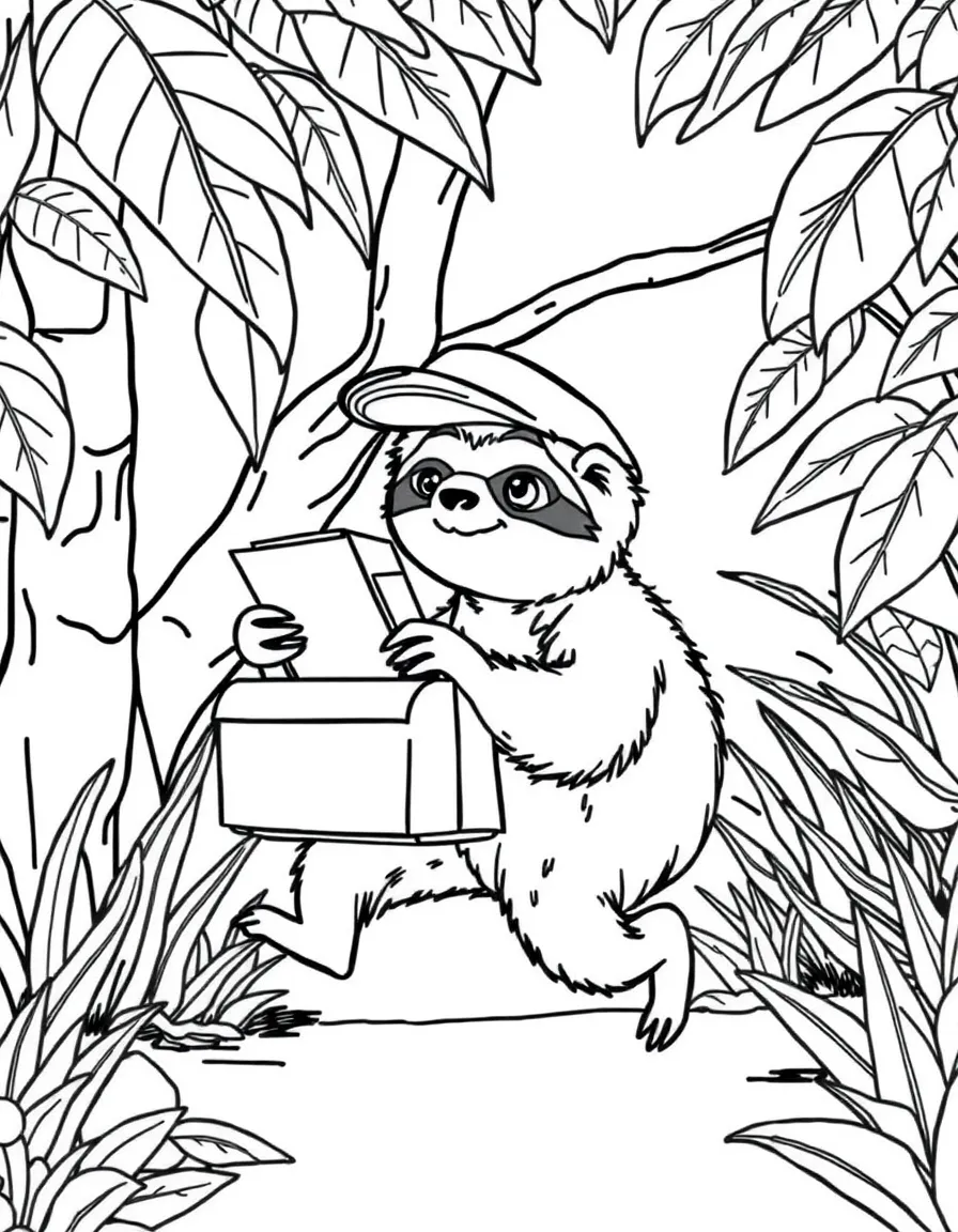 A sloth mail carrier slowly delivering packages to jungle animals