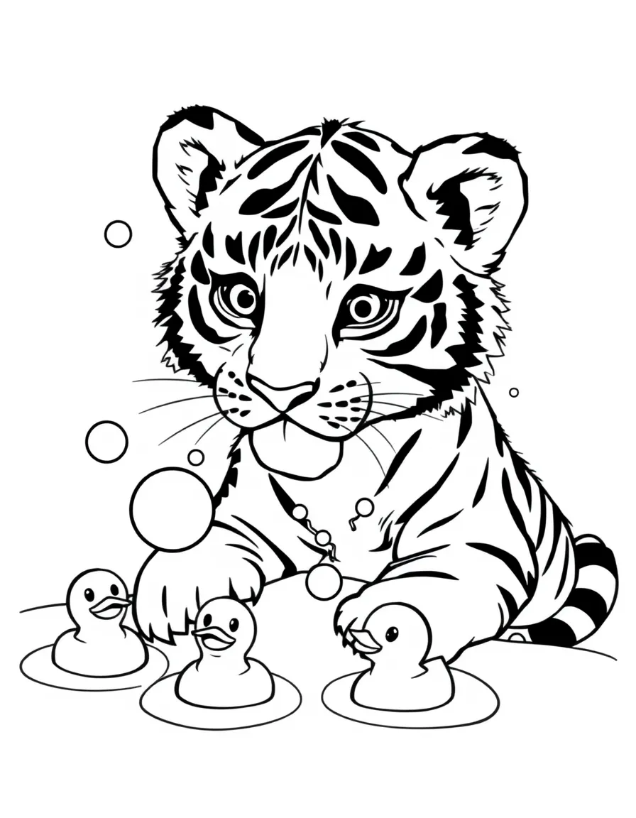 A tiger cub taking a bubble bath with rubber ducks