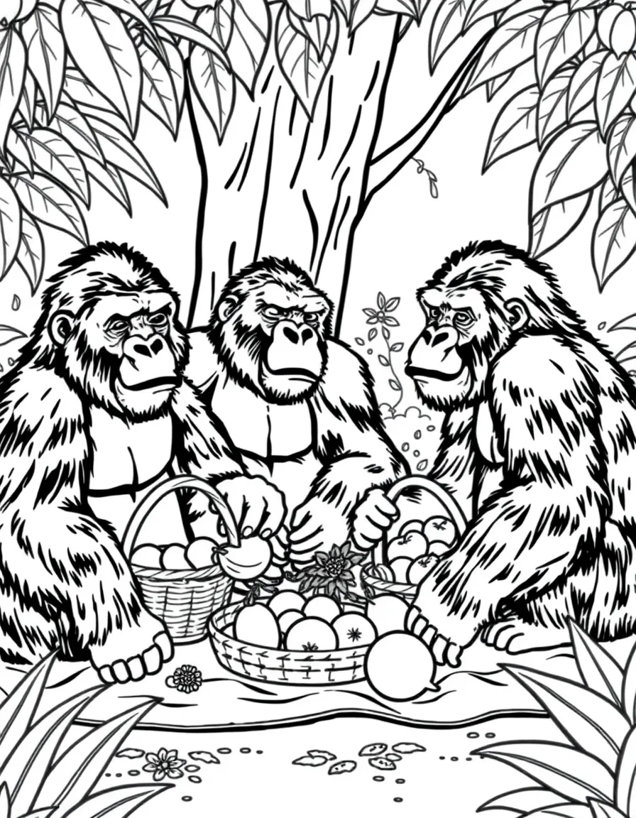 A family of gorillas having a jungle picnic with fruit baskets