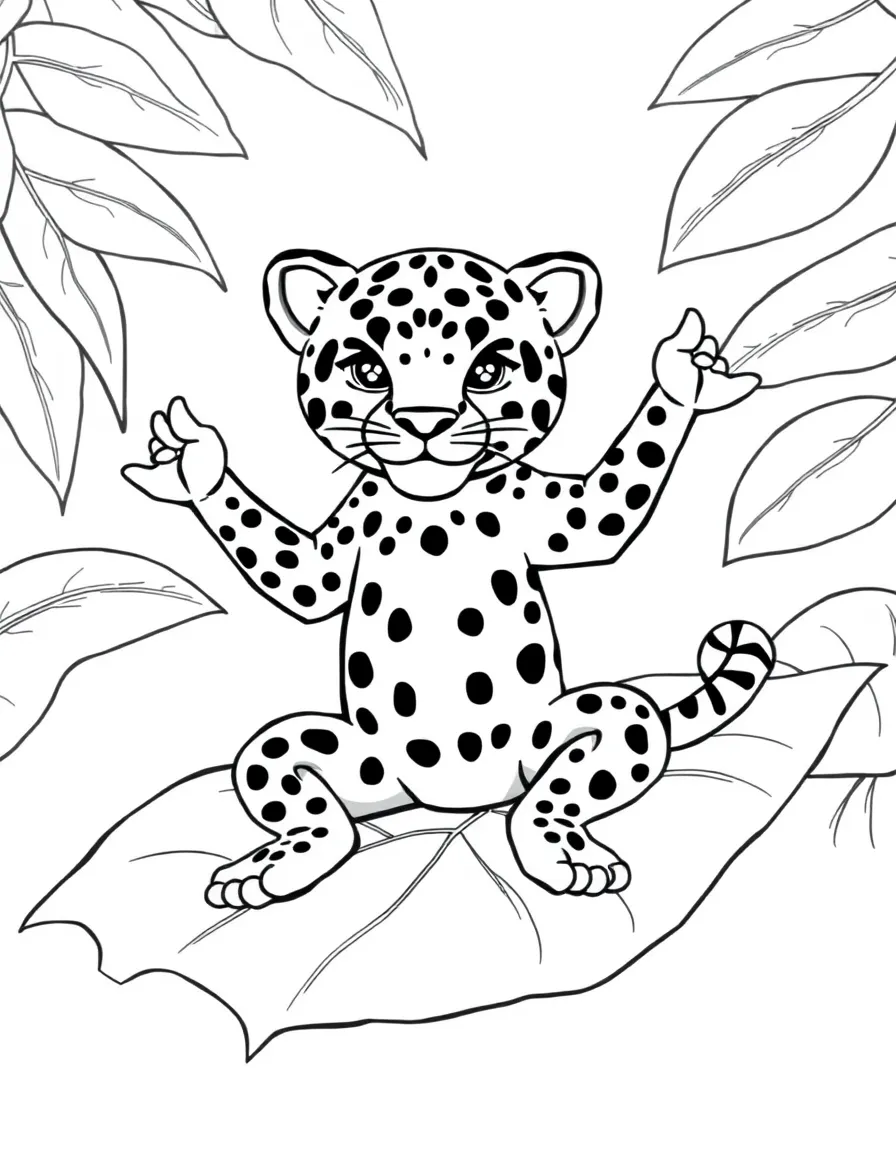 A jaguar cub practicing yoga poses on a large leaf