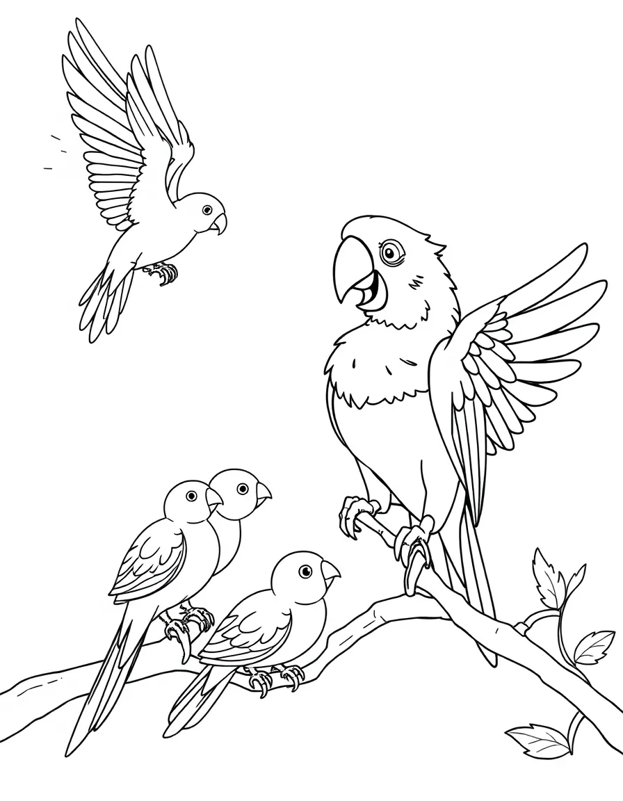 A parrot teacher giving flying lessons to baby birds