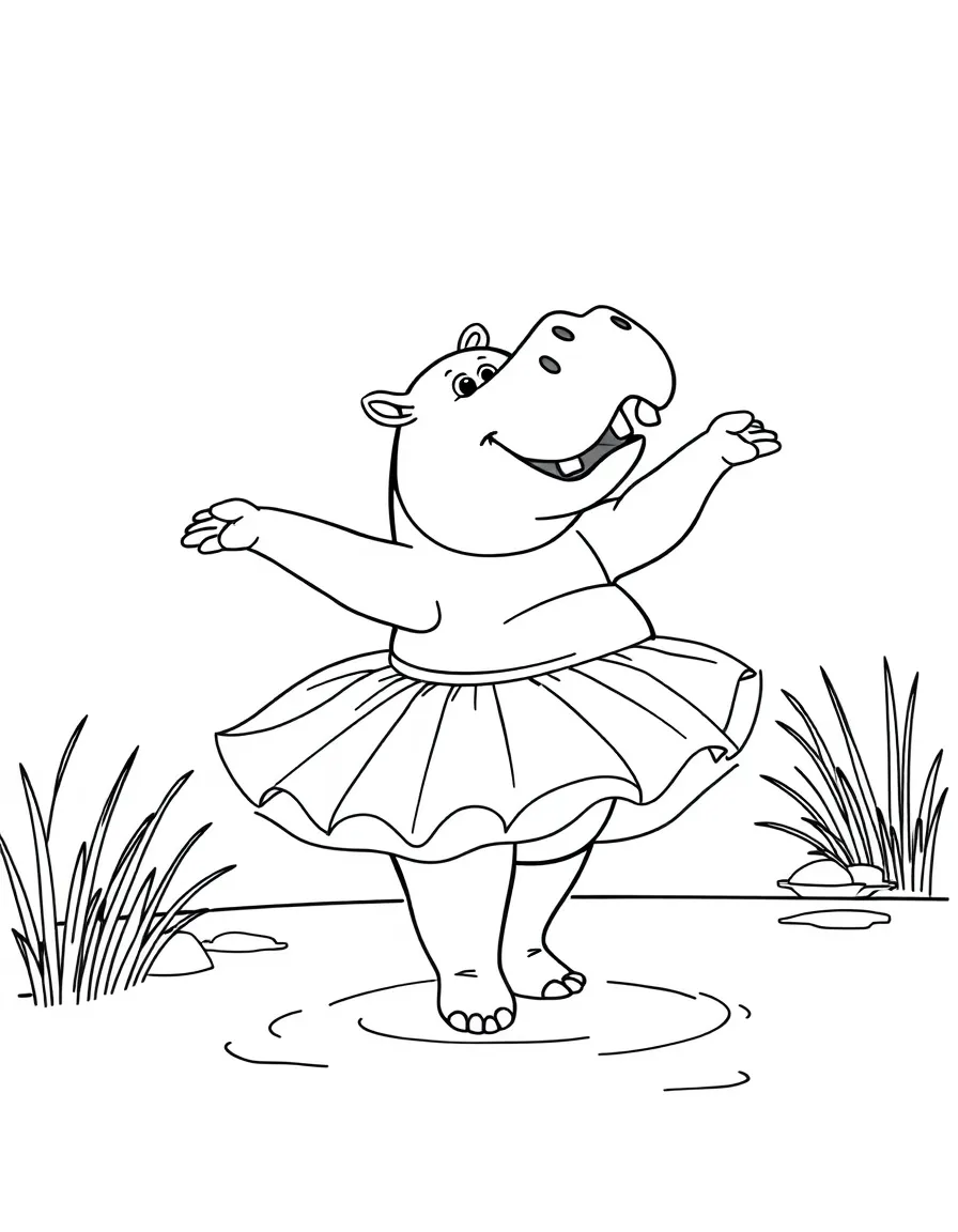 A hippo in a tutu practicing ballet by the river