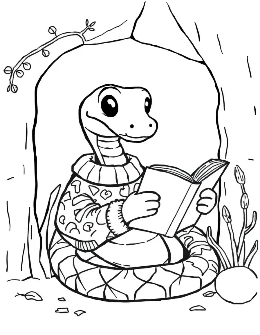 A snake wearing a colorful sweater reading in a cozy nook