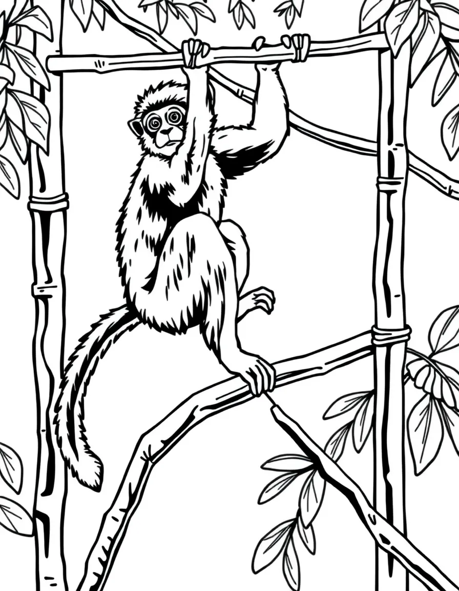 A gibbon playing on jungle gym monkey bars
