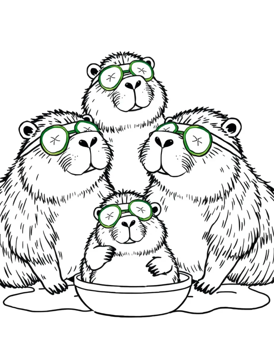 A family of capybaras enjoying a spa day with cucumber eye patches