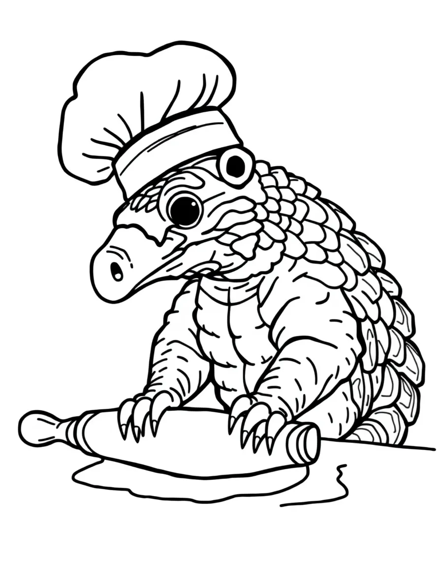 A pangolin in a chef's hat rolling dough for cookies