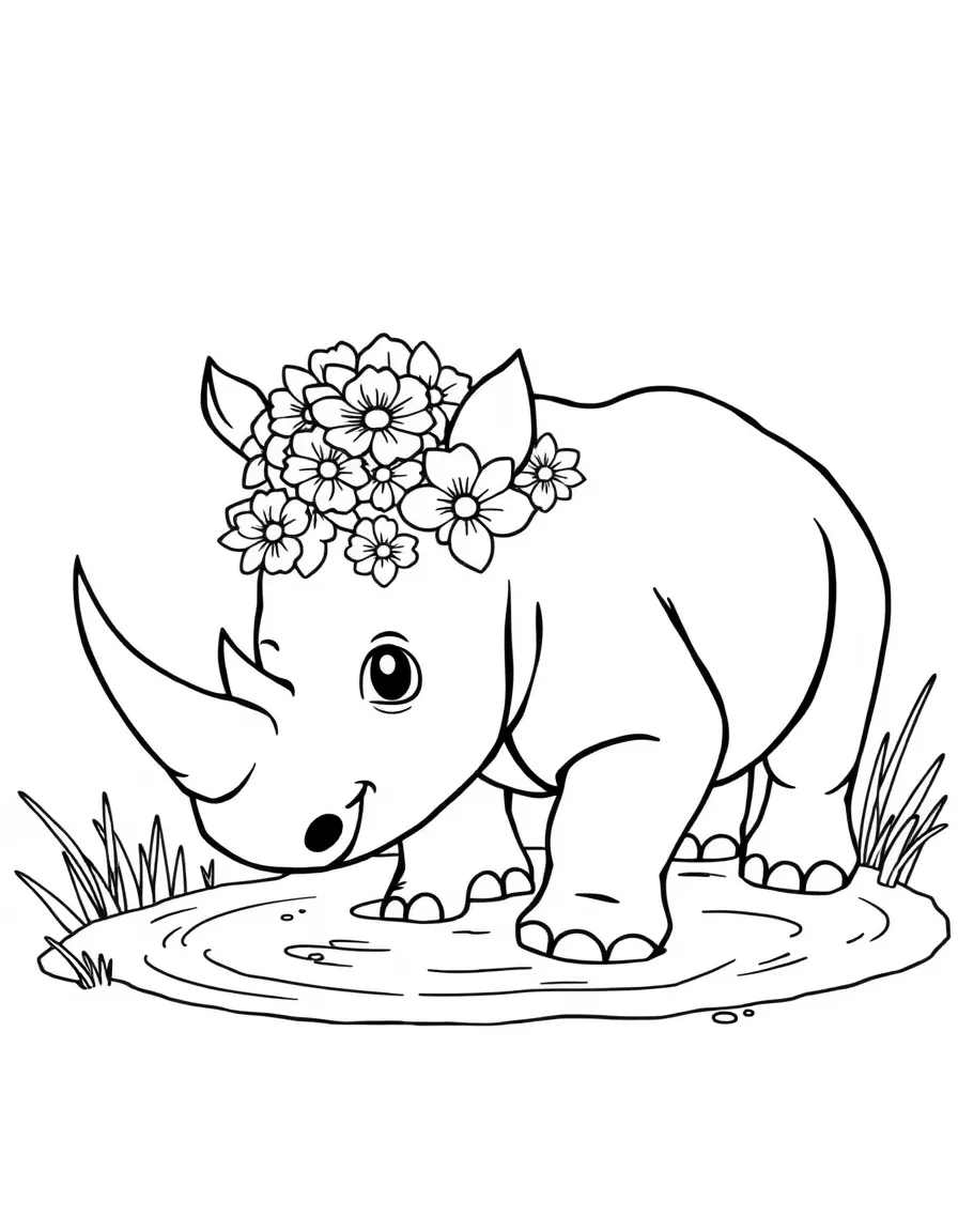 A baby rhino wearing a flower crown playing in a mud puddle
