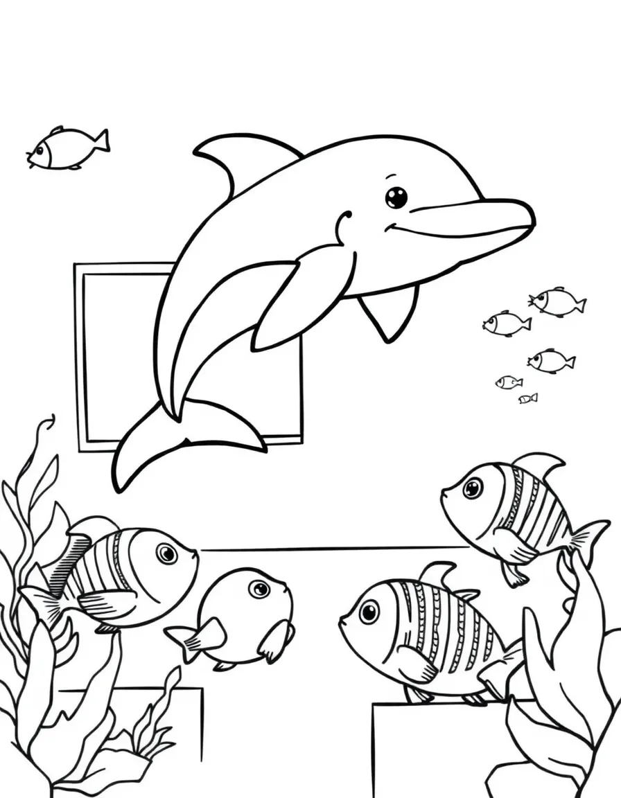 A dolphin teacher with a classroom of fish students