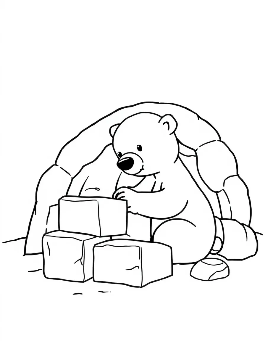 A polar bear cub building an igloo with ice blocks