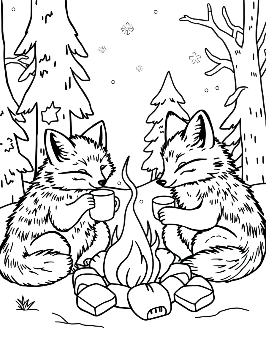 A family of arctic foxes having hot cocoa around a campfire