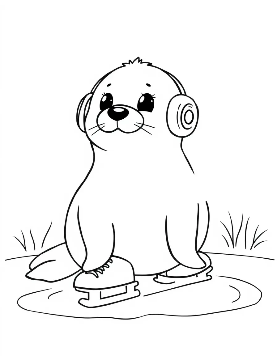 A seal pup wearing earmuffs and ice skating on a frozen pond