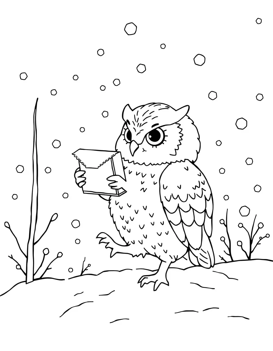 A snow owl delivering mail through a blizzard